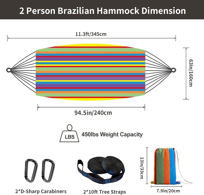 CHULIM Brazilian Double Hammock with Tree Straps,Extra Large 94x63IN,2 Persons Hammock for Backyard Patio Outdoor and Indoor,450lbs Weight Capacity,Soft Woven Cotton Fabric - Tropical - Image 3